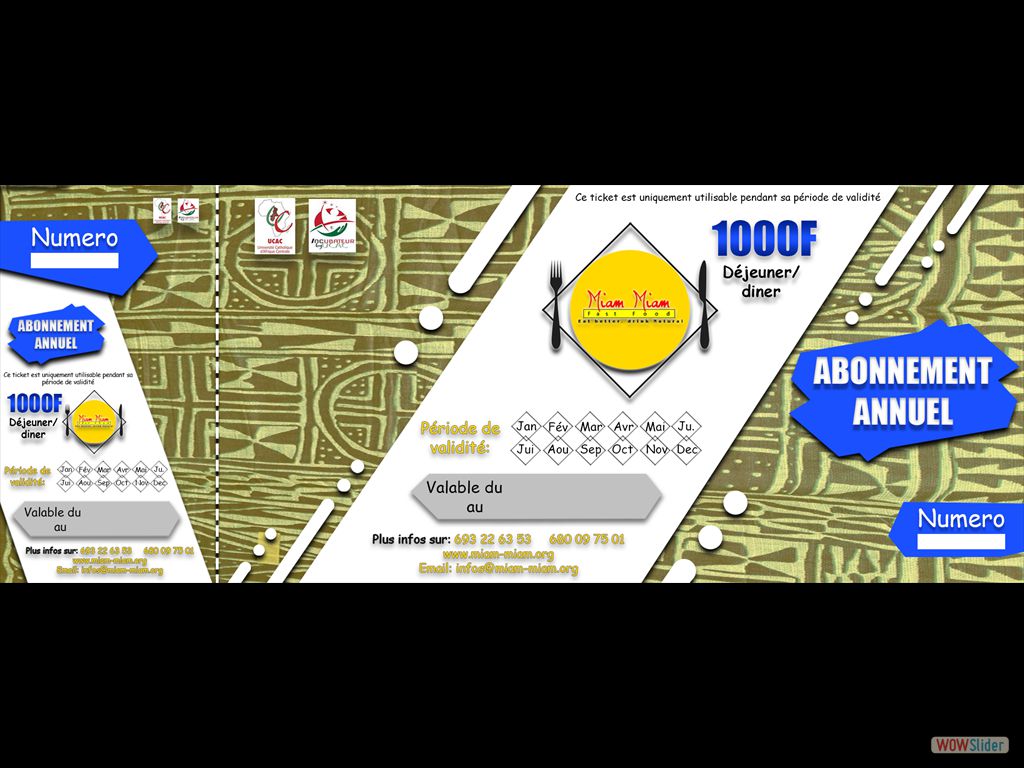 Abonnement annuel déjeuner ou dîner - 1 000 FCFA